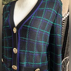 St. John Collection Marie Gray Plaid Knit Cardigan Gold Crest Buttons Size Small